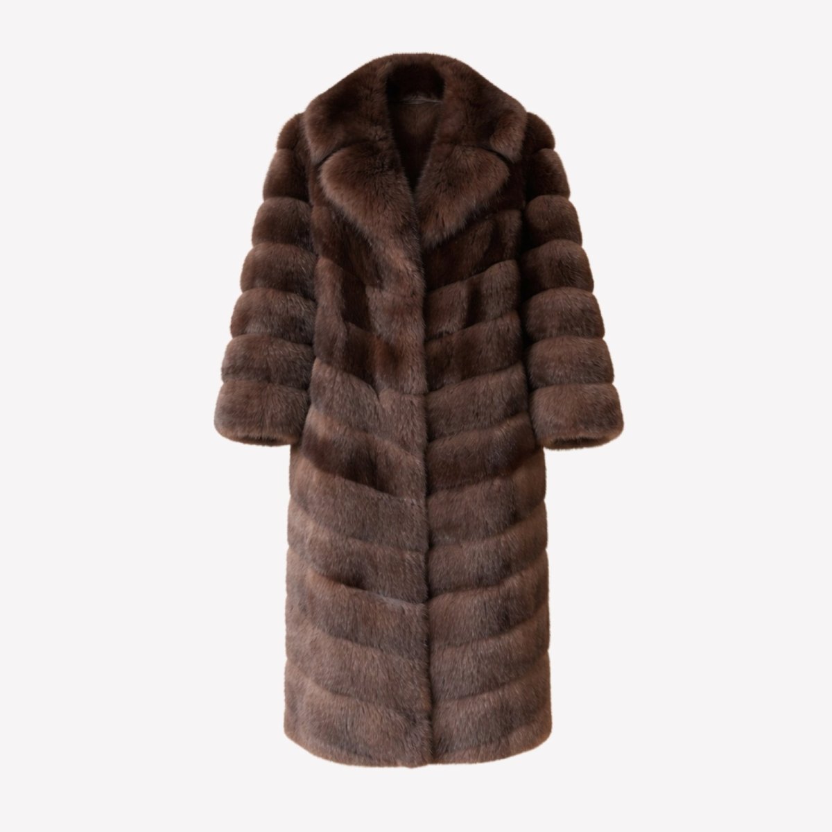Flat lay product shot of the Kouvr Fashion long brown faux fur winter coat with notched lapels, front view.
