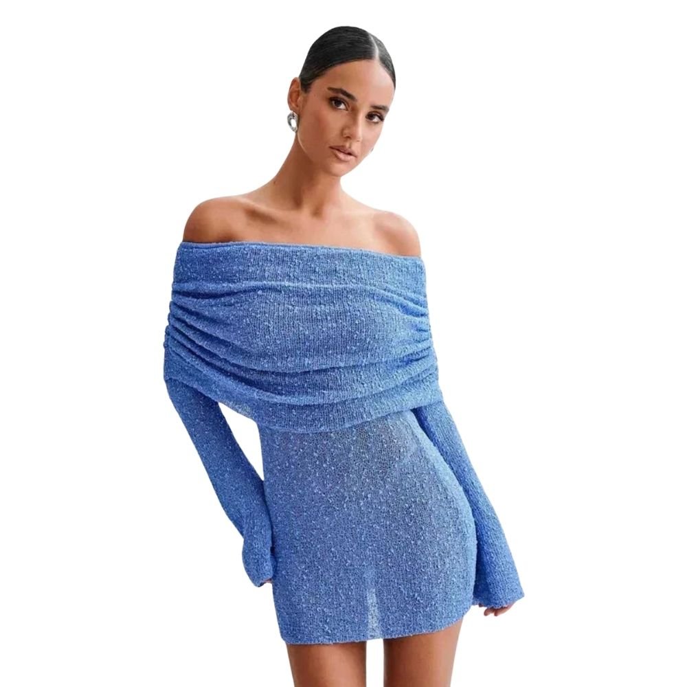 Woman wearing a blue kouvr off-shoulder dress on a white background