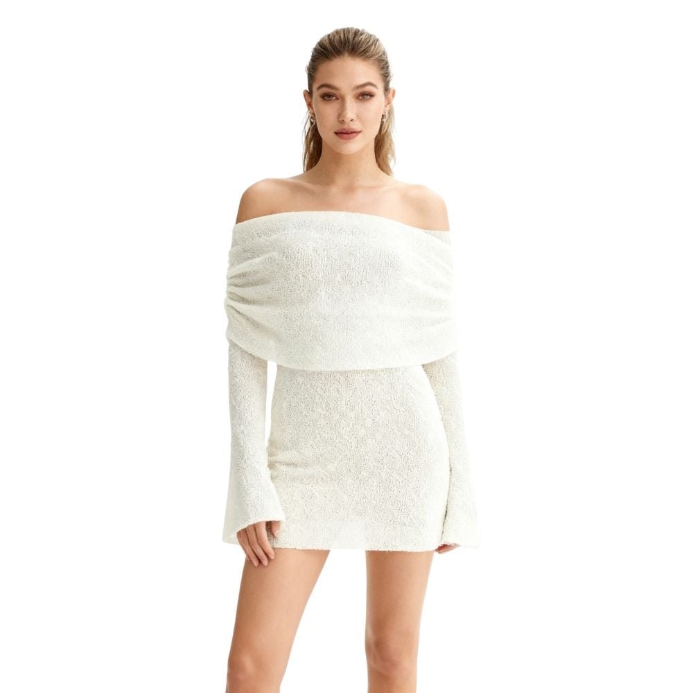 luxe knitwear', 'evening attire', 'sculptural silhouette', 'minimalist glamour', 'date night outfit', 'form-fitting', 'draped neckline