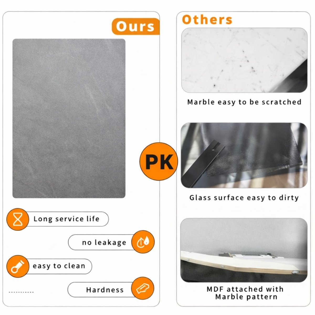 Knife scratching test on grey sintered stone surface showing 7 Mohs hardness compared to easily scratched marble and glass.