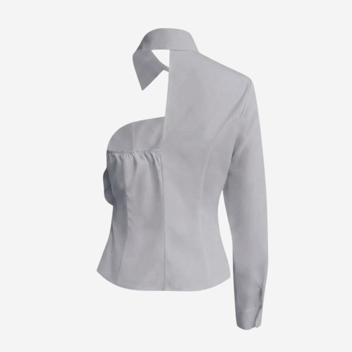 Product-only image of the back of the Kouvr asymmetrical light grey shirt, detailing the one-sleeve design and open-back cutout.