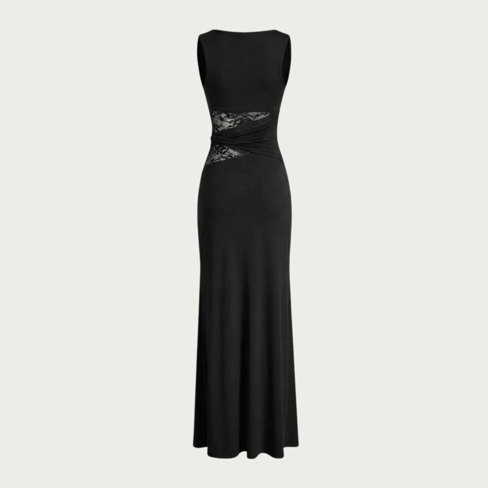 Flat lay of the back of the Kouvr black sleeveless dress, showing the full length and vertical seam detail for a tailored fit.