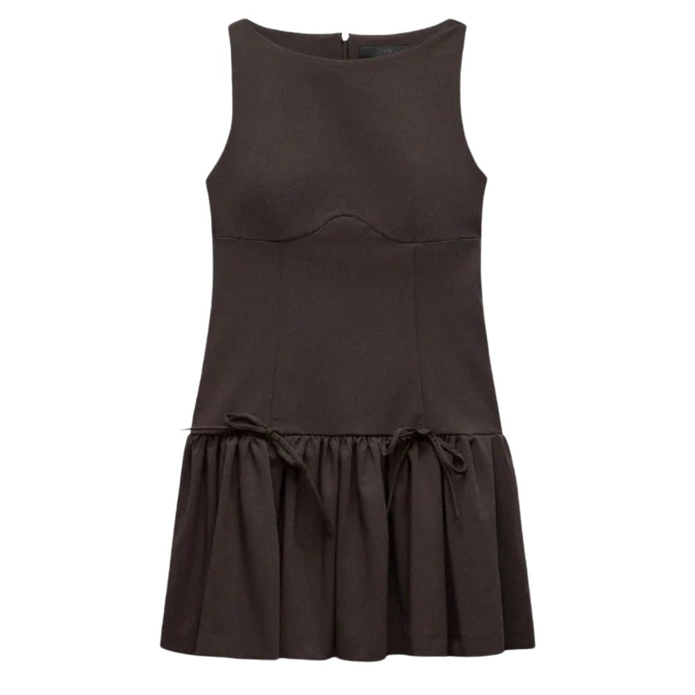 Brown Kouvr dress with a fitted bodice and flared skirt on a white background