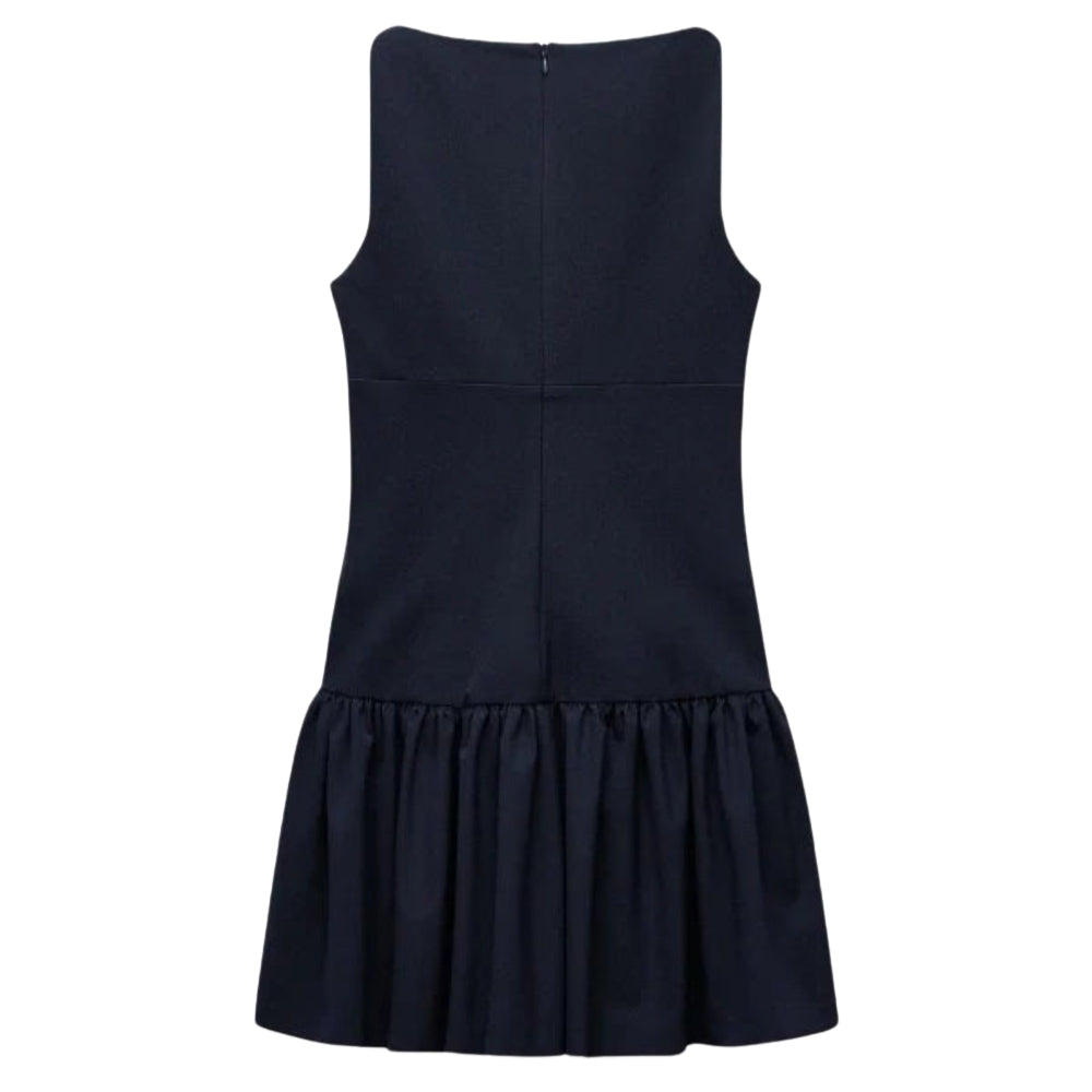 navy Kouvr dress with a ruffled skirt on a white background