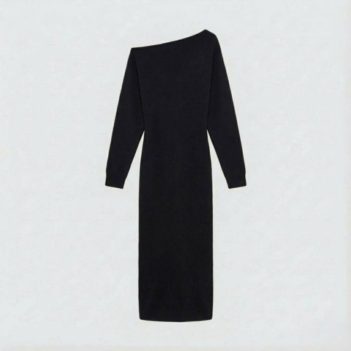 Flatlay product shot of the Kouvr Selena one-shoulder black long-sleeve knit dress, back.