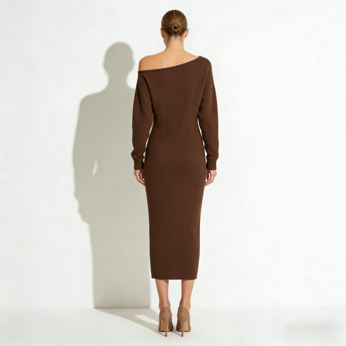 Back view of the Kouvr Fashion Selena off-shoulder knit dress in a rich brown, displaying the seamless construction and clean lines.