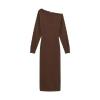Flat lay of the brown asymmetrical long sleeve sweater dress, showcasing the soft knit texture and overall shape of the garment.