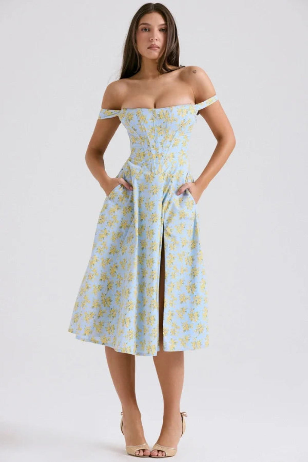 blue dress for baby girl Blue Floral Corset Midi Dress | Off-Shoulder Wedding Guest Dress with  Pockets & Slit