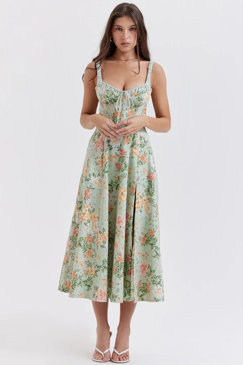 Green Floral Corset Midi Dress with Thigh Slit