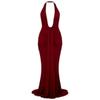 Burgundy Kouvr evening gown with a halter neckline on a plain background