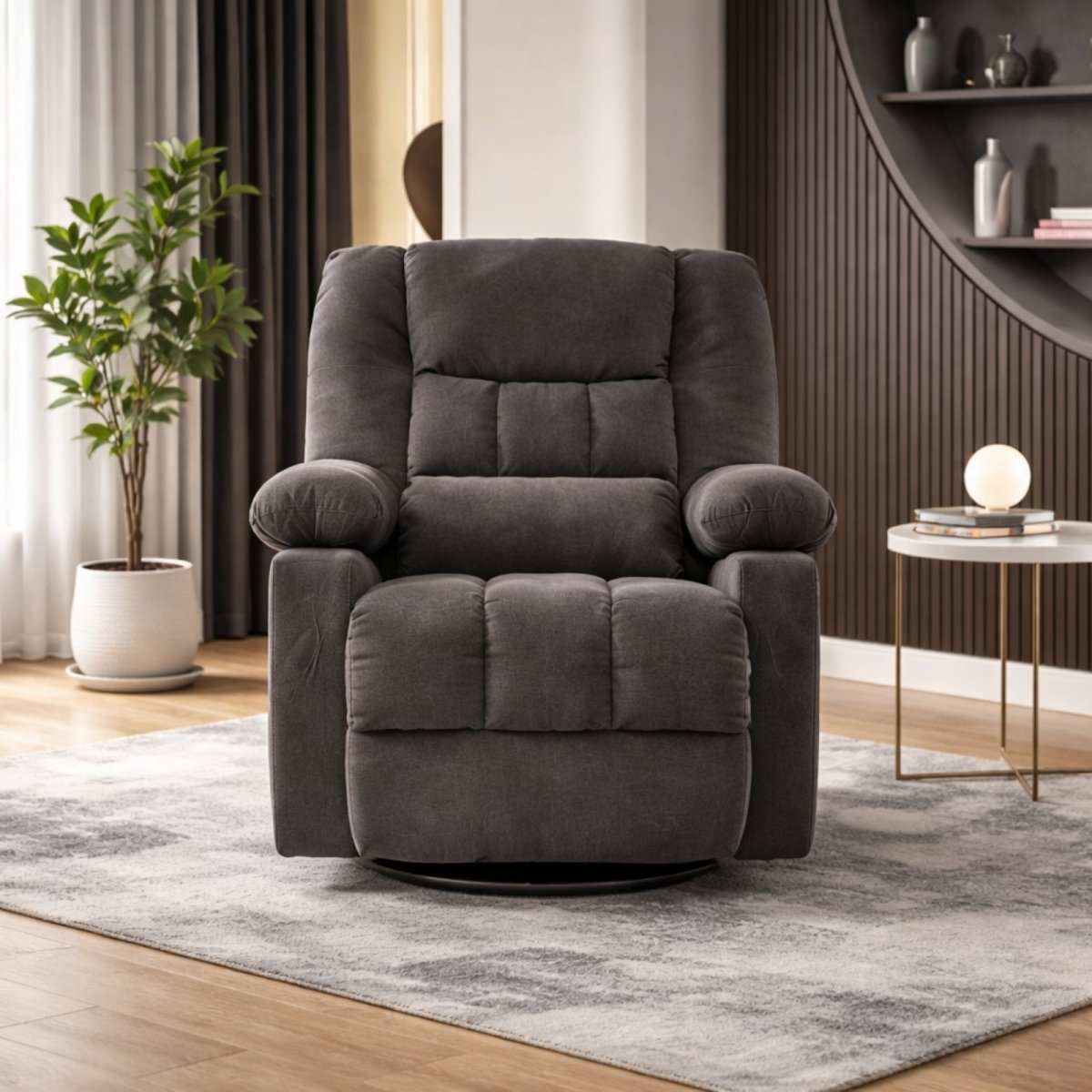 Front view of Kouvr grey upholstered massage recliner chair with overstuffed armrests and cup holders in a modern luxury living room.