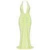 Light green Kouvr halter neck dress with a fitted bodice and flared skirt.