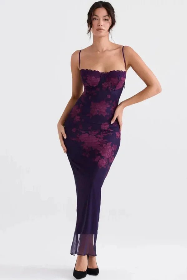 Purple Floral | Lace Trim Bustier Slip Gown for Wedding Guest Formal Event 