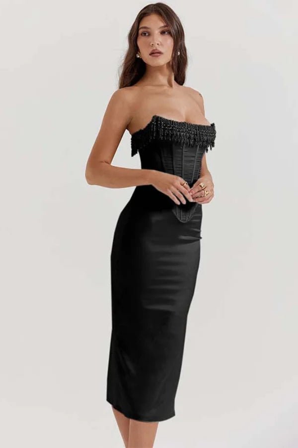 Black Corset Midi Dress with Beaded Fringe - Strapless Bustier Formal Gown for Cocktail Party & Evening Events - Satin Pencil Skirt - Kouvr Fashion Black Corset Midi Dress with Beaded Fringe - Strapless Bustier Formal Gown for Cocktail Party & Evening Events - Satin Pencil Skirt - Kouvr Fashion