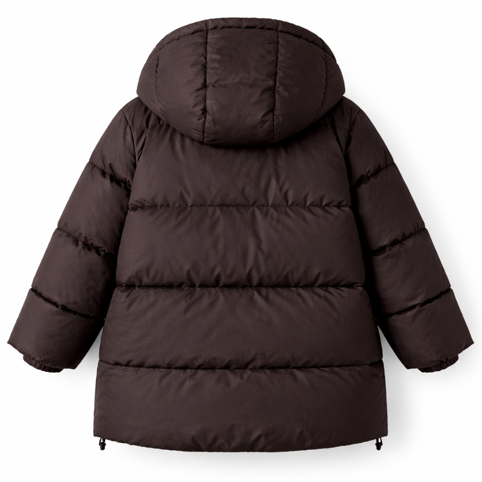 Top-down flat lay of the back of the Kouvr Sheena puffer coat, displaying the horizontal quilting and adjustable hem detail.