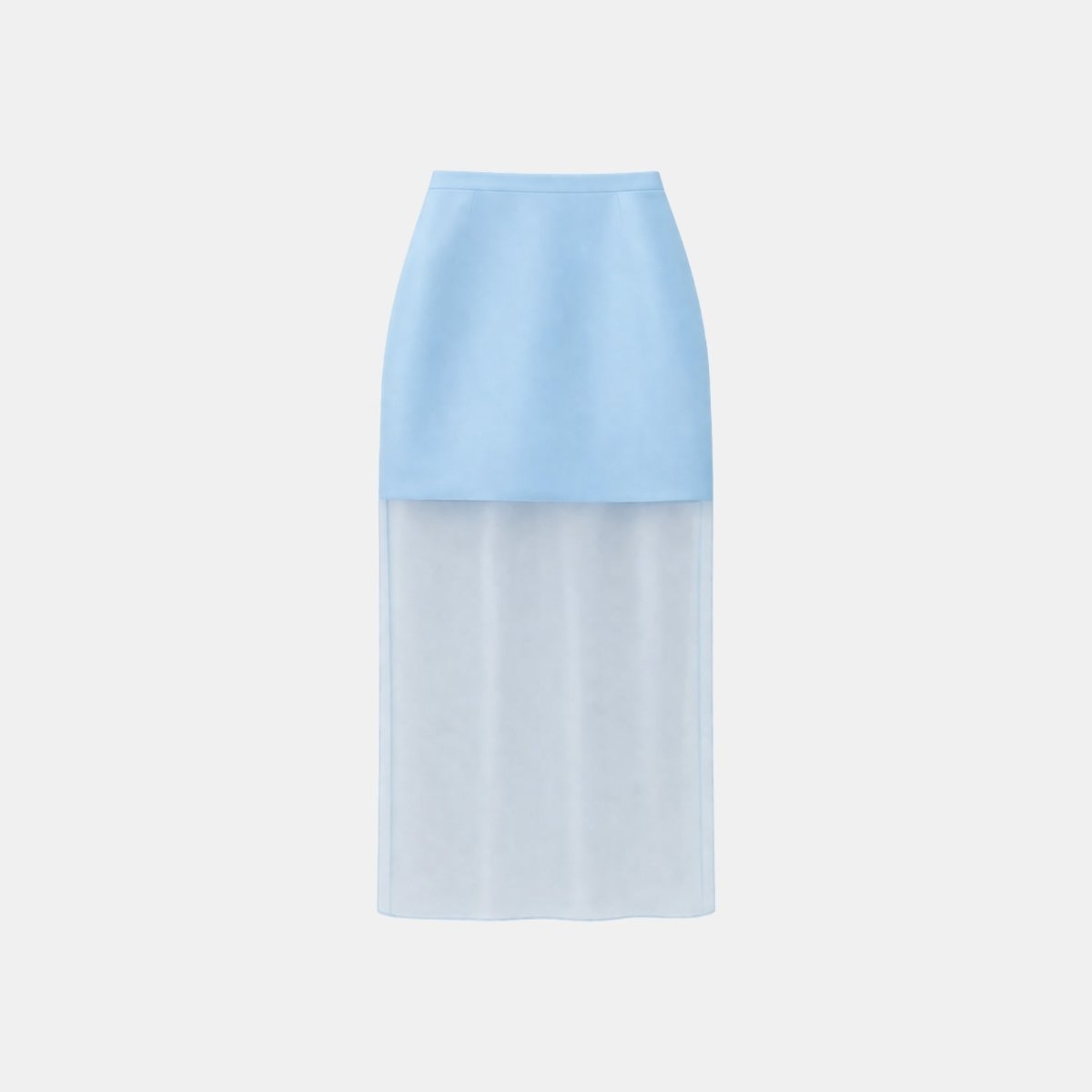 Flat lay front view of the Kouvr light blue mixed media skirt showcasing the solid structured mini upper and unlined translucent maxi bottom.