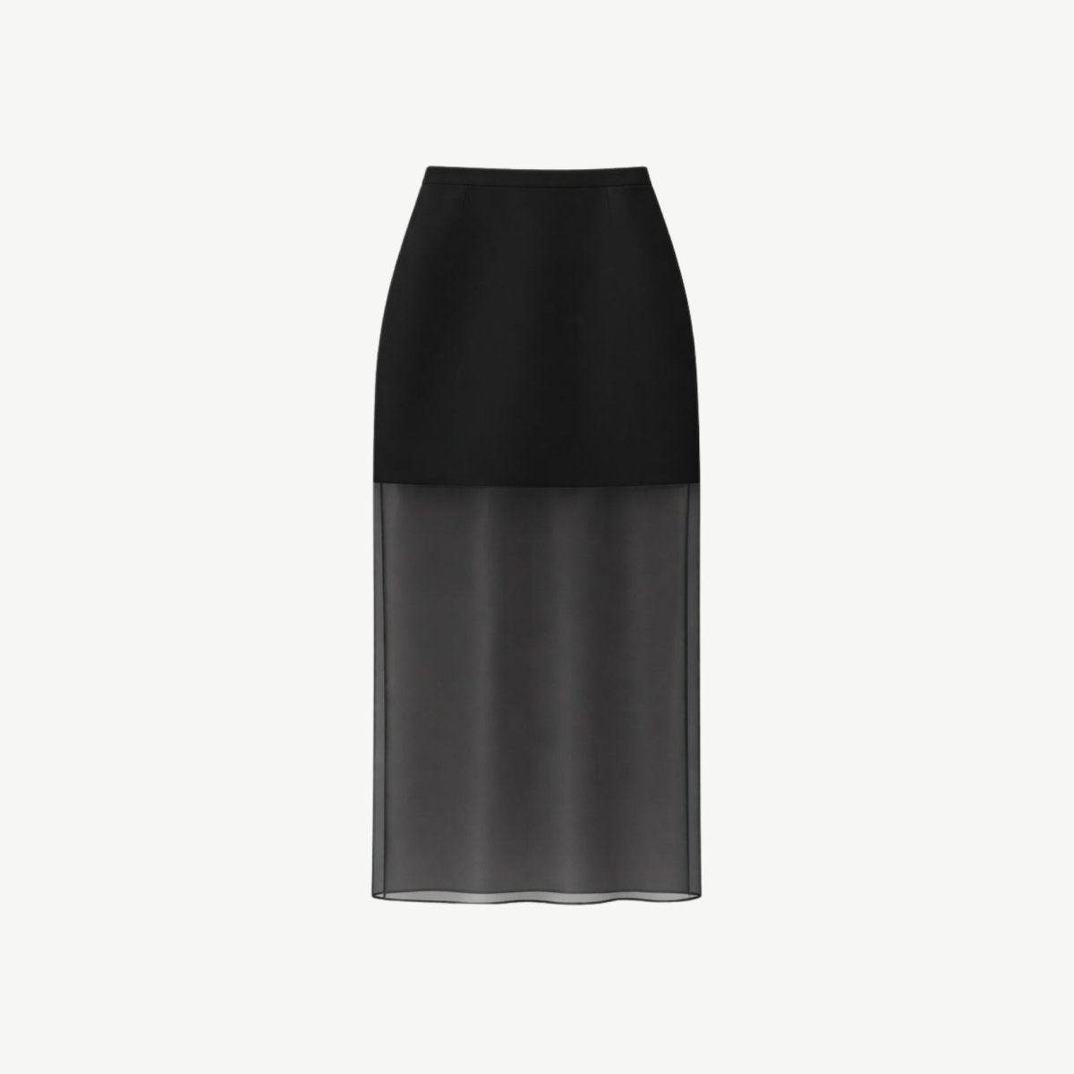 Ghost mannequin front view of structured black high waisted midi skirt featuring a sheer mesh lower half