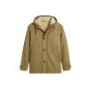 Kouvr men's sherpa-lined parka in khaki drab laid flat, displaying the button-front closure and plush sherpa interior.