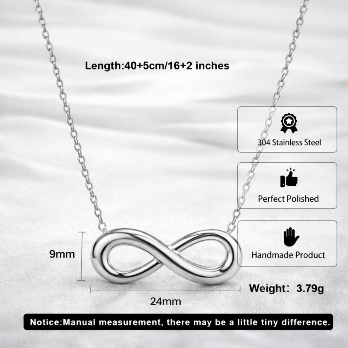 Specifications chart for the Kouvr silver infinity necklace, detailing its 16+2 inch chain and 3.79g weight.