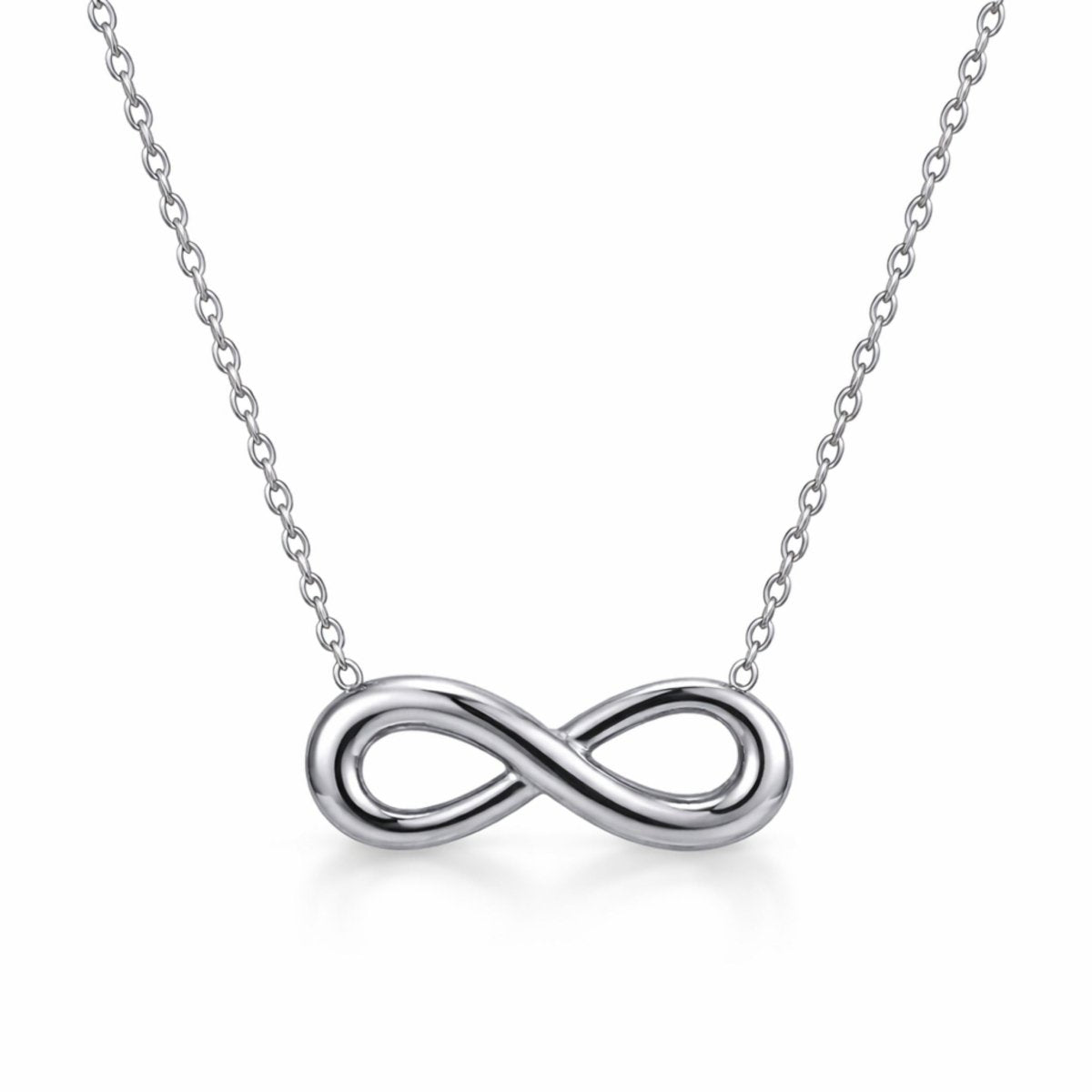Kouvr silver infinity necklace made from polished 304 stainless steel on a white background.
