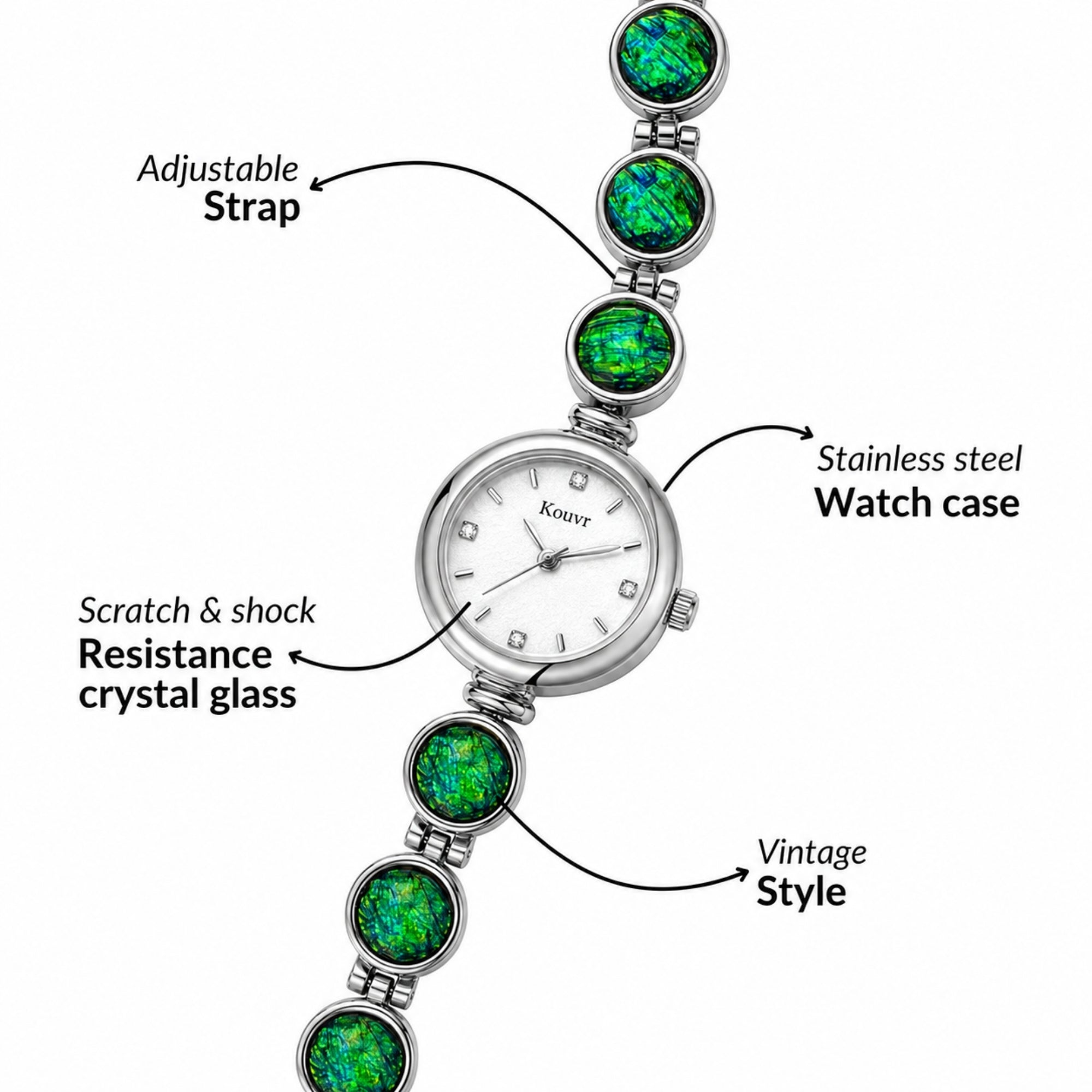 Informative graphic highlighting Kouvr silver watch specifications including an adjustable strap, scratch resistance crystal glass, stainless steel case, and vintage style design.