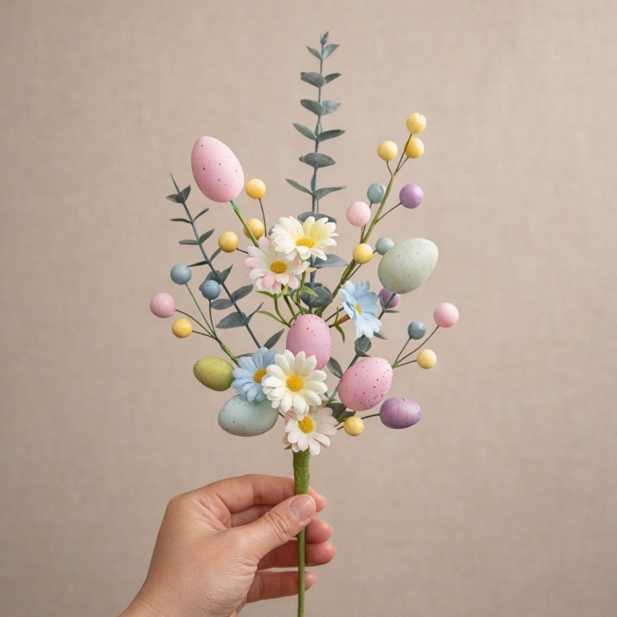 A close-up of a hand holding a single stem of the artificial Easter egg and flower arrangement against a neutral background.