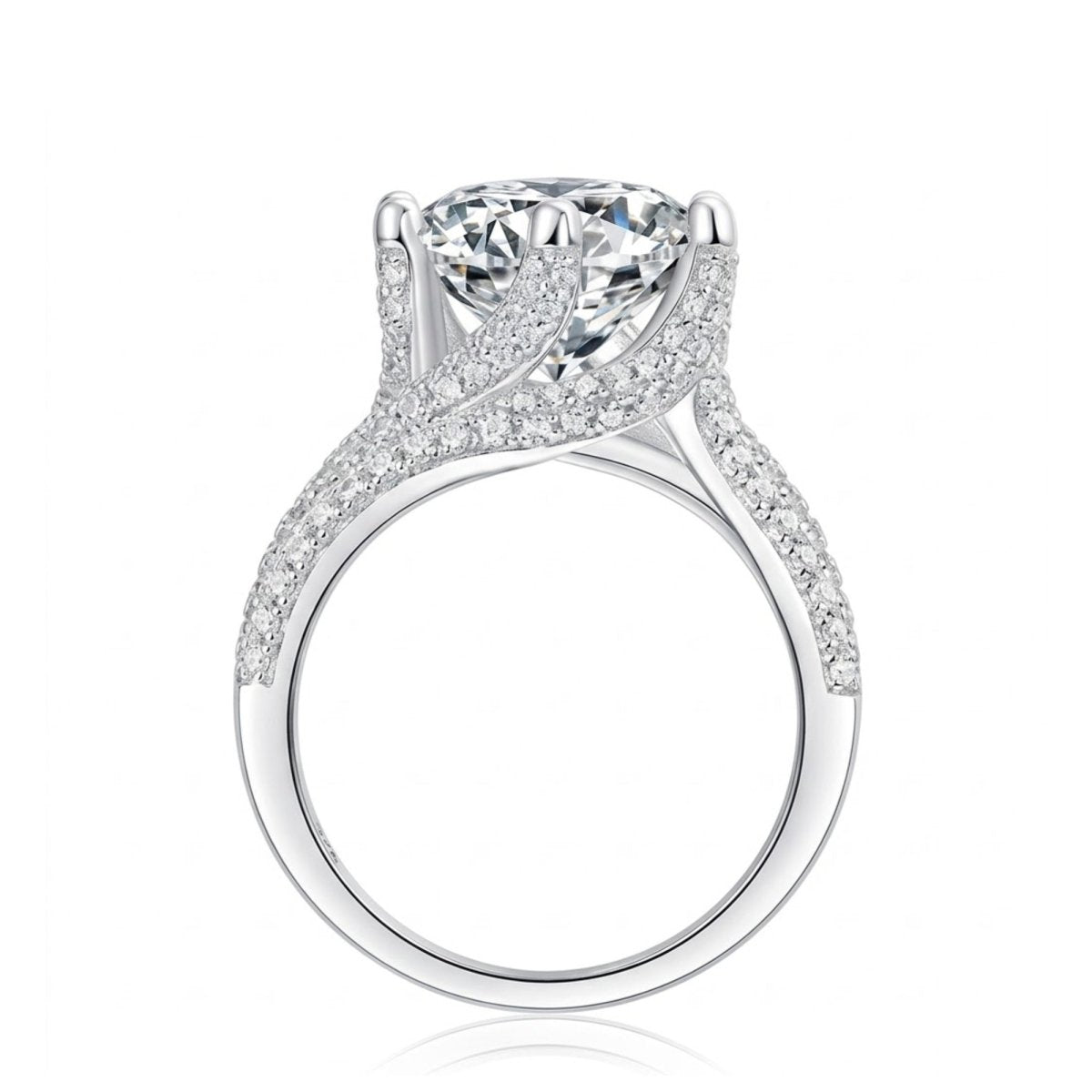 Side profile of the Kouvr 5 carat moissanite ring showing the intricate pavé detail on the split-shank prongs and the gallery of the setting.