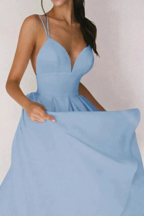 Sky Blue A-Line Midi Dress | Plunging V-Neck Cocktail Gown with Open Back | Formal Wedding Guest Attire | Kouvr Fashion Sky Blue A-Line Midi Dress | Plunging V-Neck Cocktail Gown with Open Back | Formal Wedding Guest Attire | Kouvr Fashion