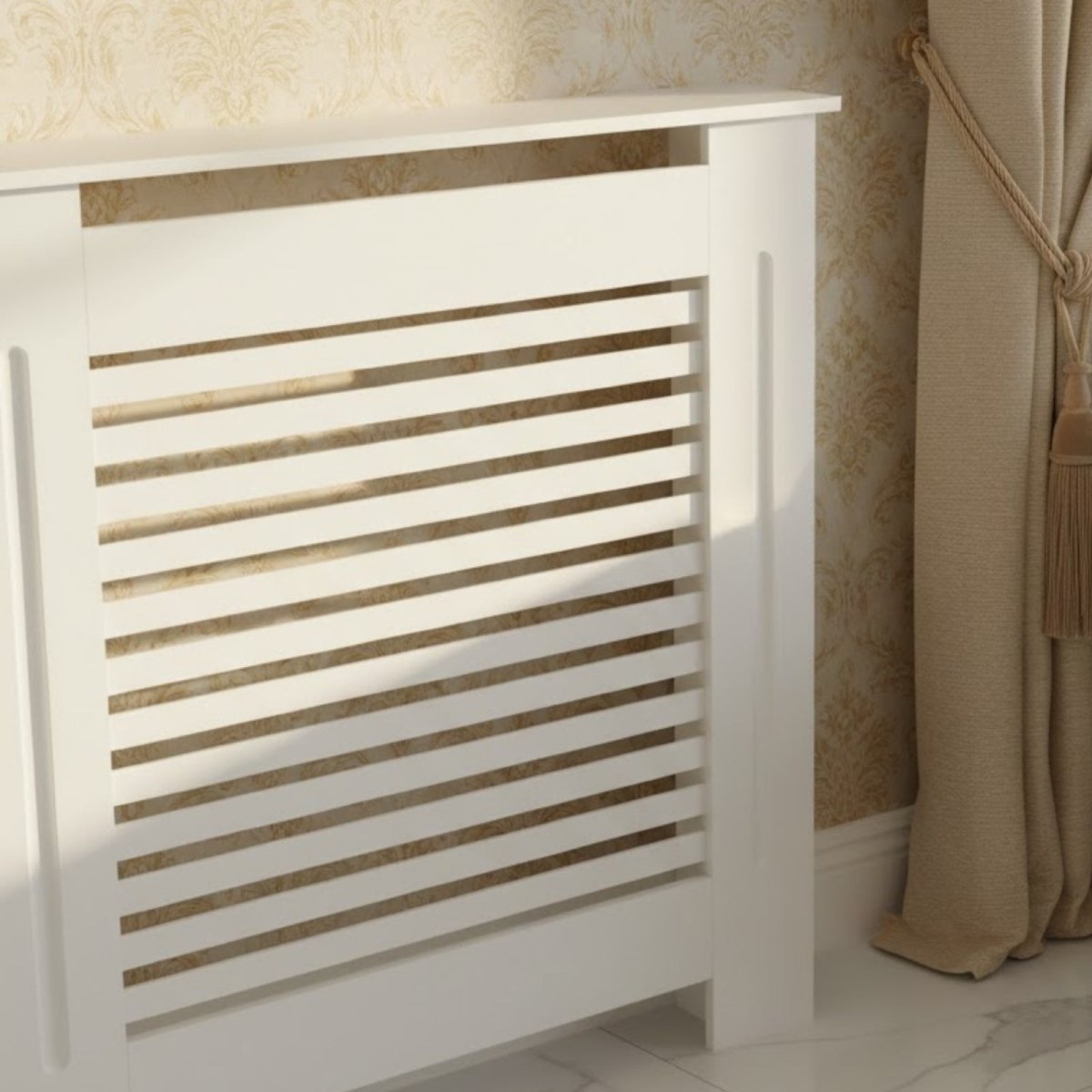 A close-up view of the precisely cut horizontal slats and side panel of the white Kouvr radiator cover, highlighting its quality construction.