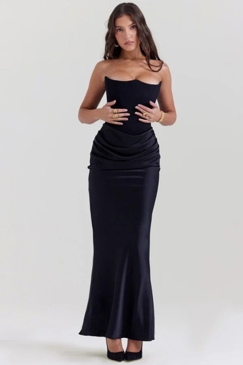structured bodice," "draped waist," "satin formal dress," "old Hollywood glamour," "sculptural silhouette