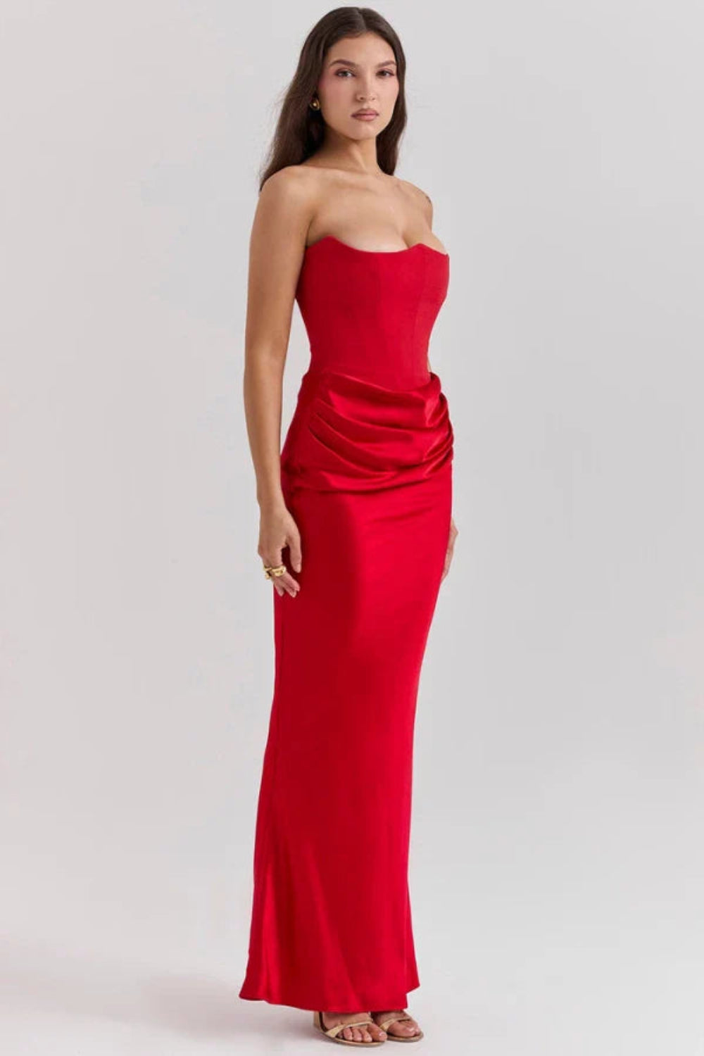 structured bodice," "draped silhouette," "bustier," "formal wear," and "black-tie attire