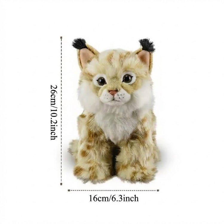 Kouvr small realistic lynx plush toy shown with dimensions: 26cm/10.2inch height and 16cm/6.3inch width.