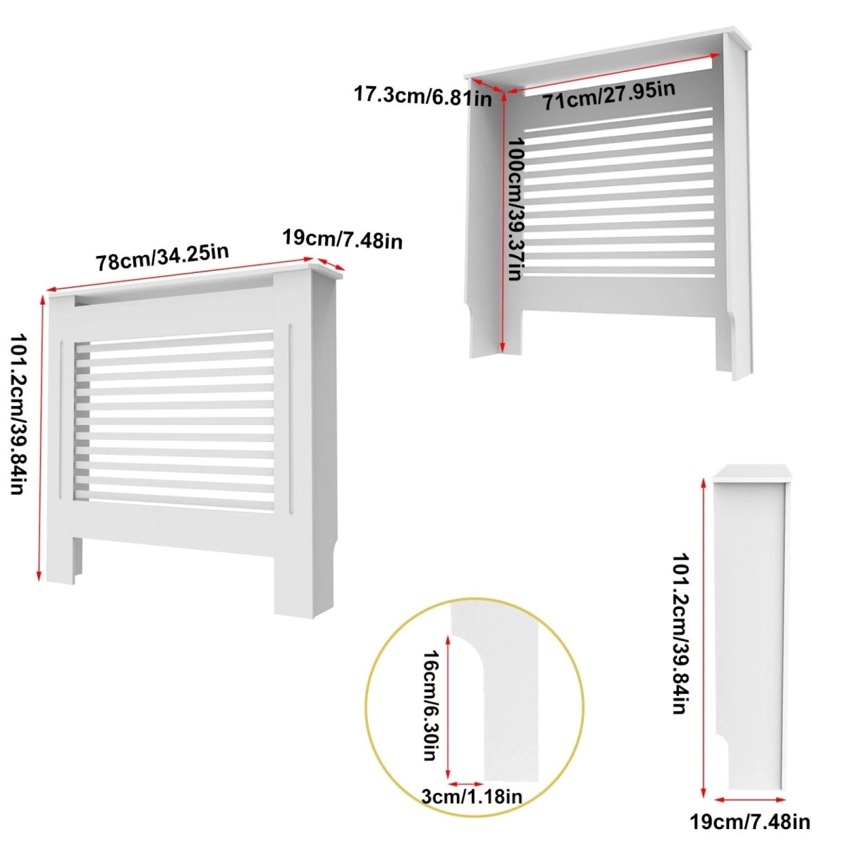 Technical diagram showing the external and internal dimensions in both inches and centimeters for the small Kouvr modern radiator cover.
