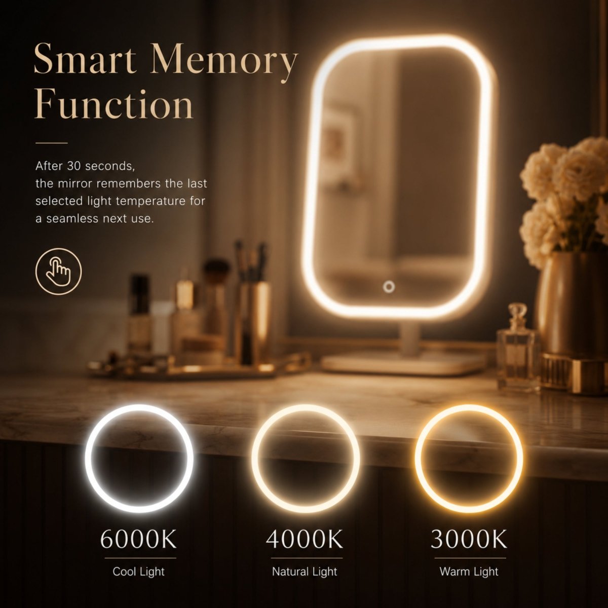 Educational graphic showcasing the three lighting modes of the Kouvr smart makeup mirror: 6000K Cool Light, 4000K Natural Light, and 3000K Warm Light.