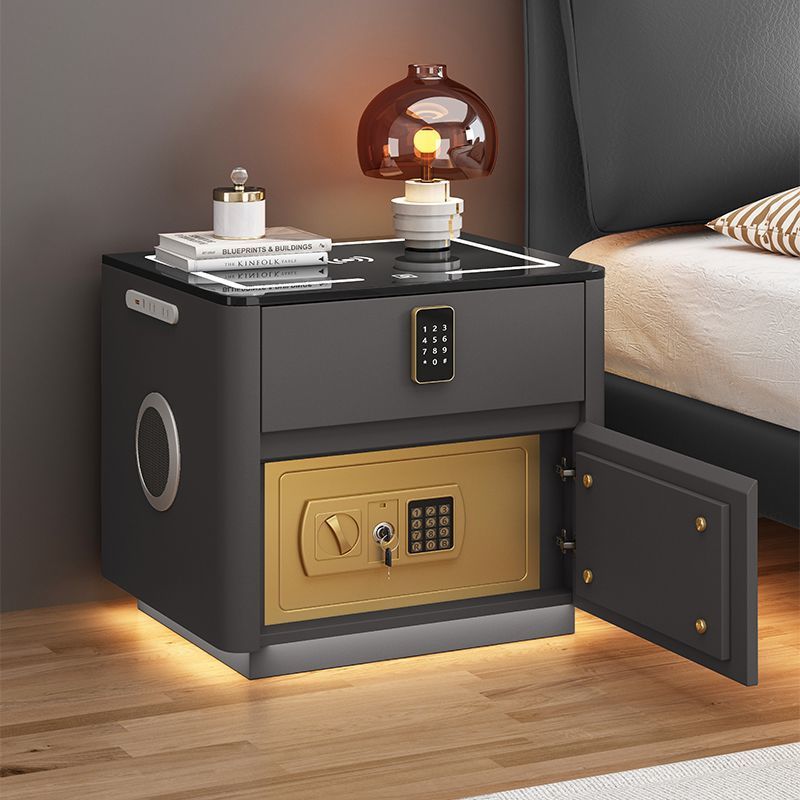 Dark grey multi-functional smart nightstand showing top drawer digital lock and lower keypad safe for ultimate bedroom security.