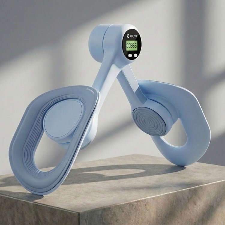 A blue KOUVR smart pelvic floor trainer rests on a concrete pedestal, displaying the digital workout count '00865' on its black screen.