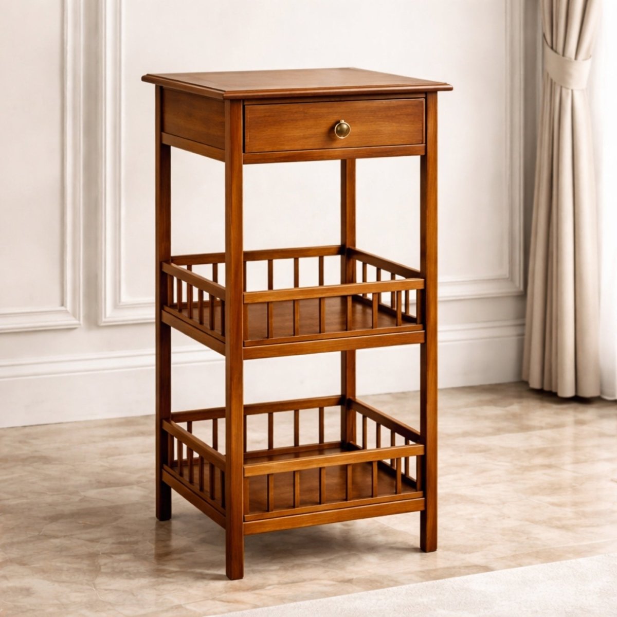 Front view of the Kouvr tall solid wood accent table in a warm brown finish, showing its single drawer and two slatted storage shelves.