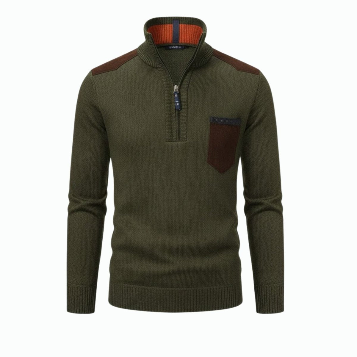 Product shot of the Kouvr Soren olive green sweater laid flat, showing the quarter-zip, mock neck, and suede pocket detail.