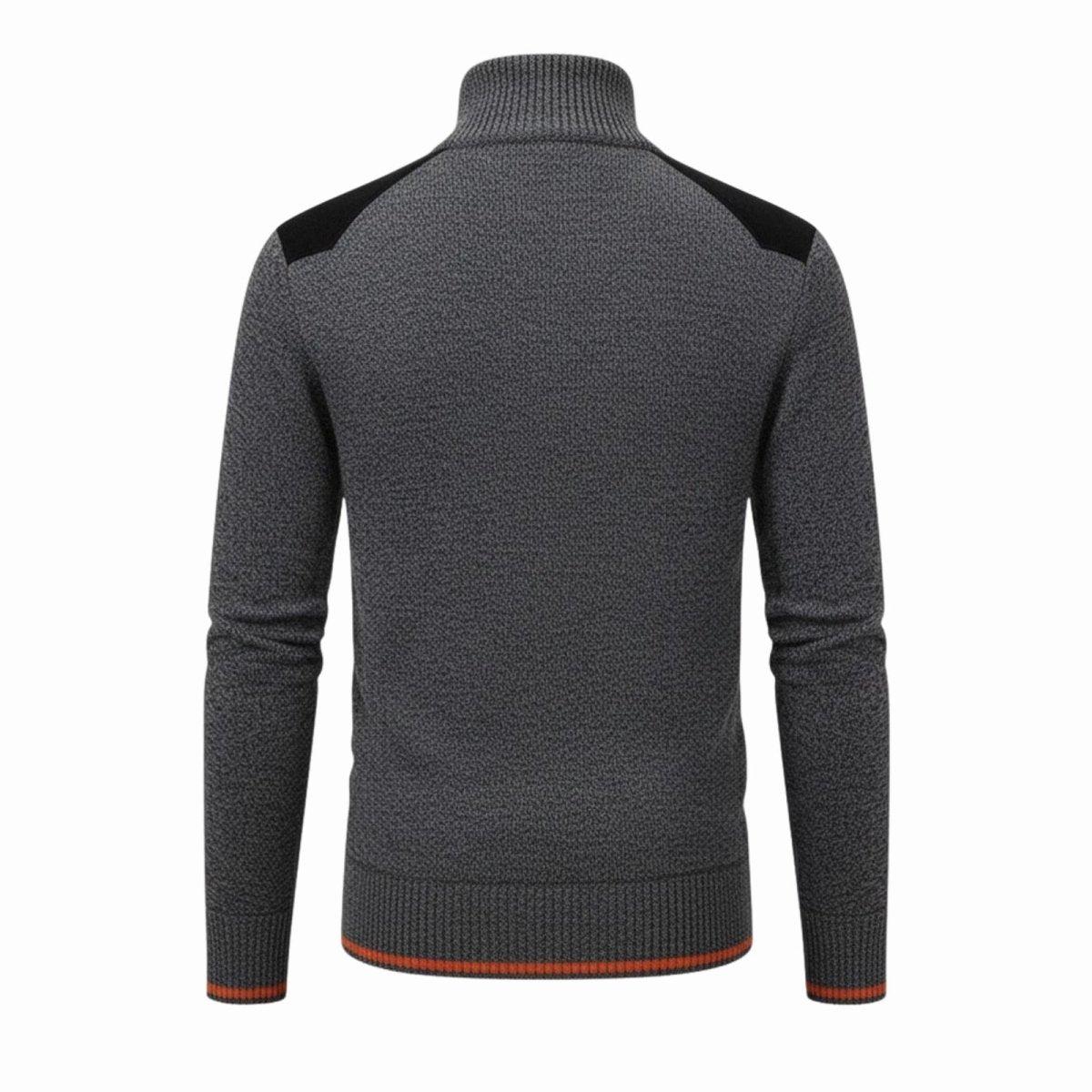 Flat lay of the back of the Kouvr Soren half-zip sweater, showing the shoulder patch placement and ribbed hem detail.
