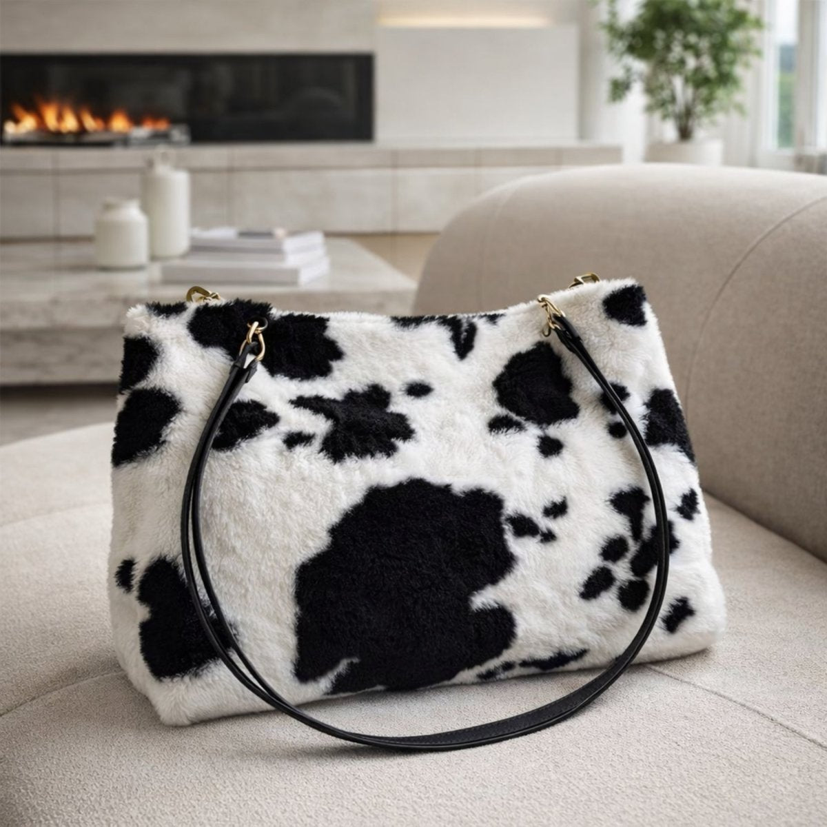 Angled view of the Kouvr Soroya plush tote bag resting on a cream sofa, with a modern fireplace blurred in the background, showcasing its shape.