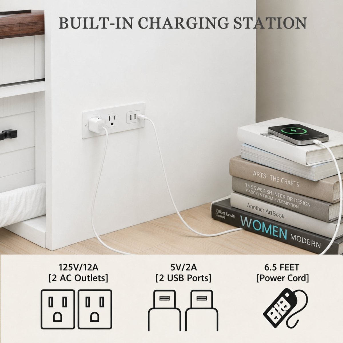 Built-in dual AC and USB charging station on the side of the Kouvr white cabinet bed powering a smartphone.