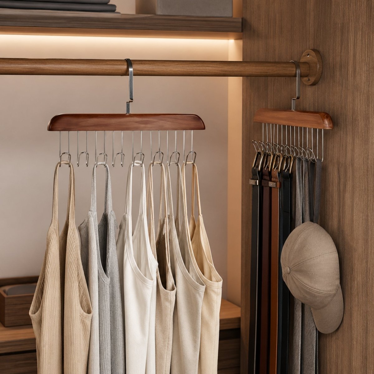 Two Kouvr dark wood multi-hook organizers hanging in a luxury wardrobe, neatly displaying color-coordinated tank tops, belts, and a hat.