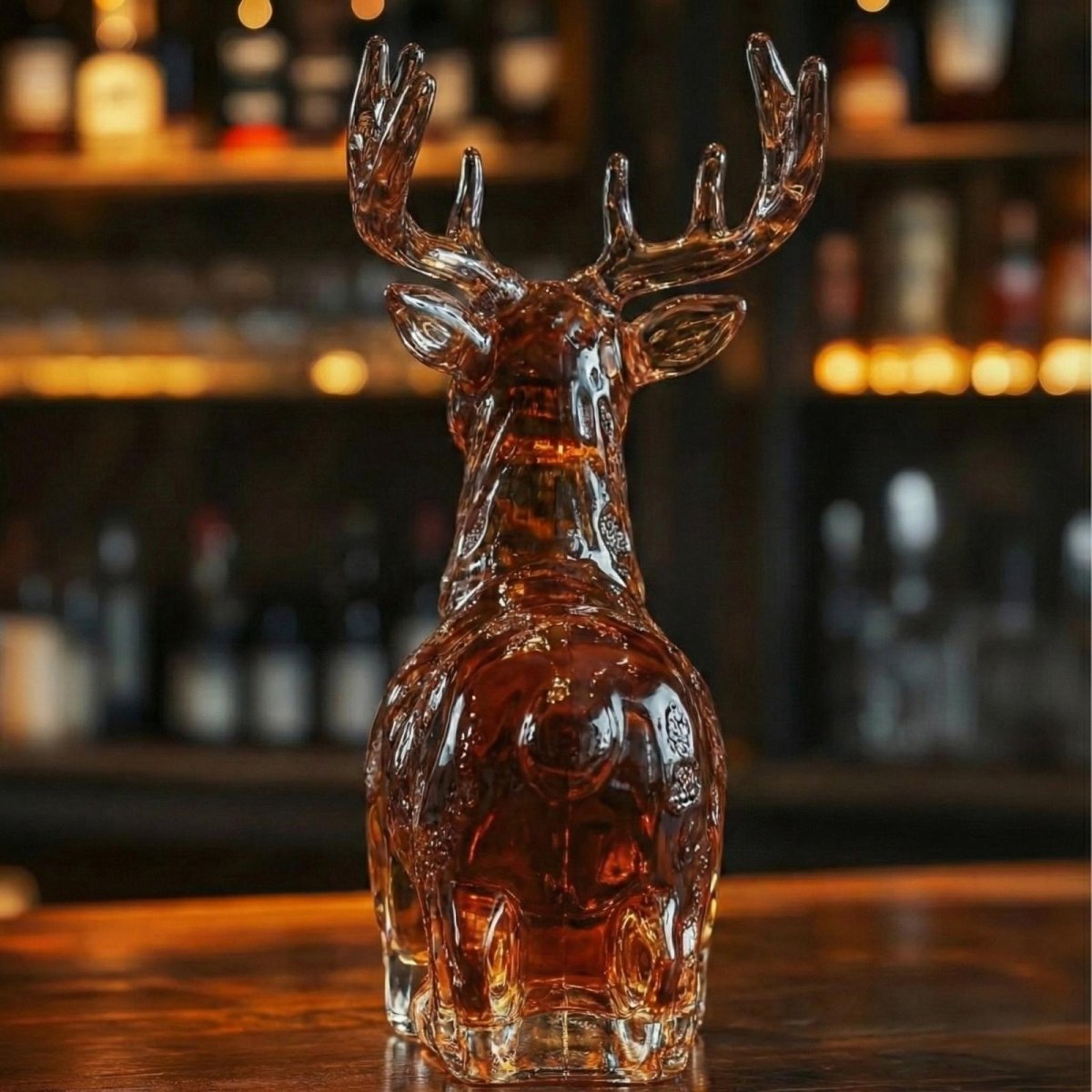 Rear view of the majestic glass stag decanter by Kouvr, highlighting the sculptural quality of the body and antlers on a wooden bar counter.