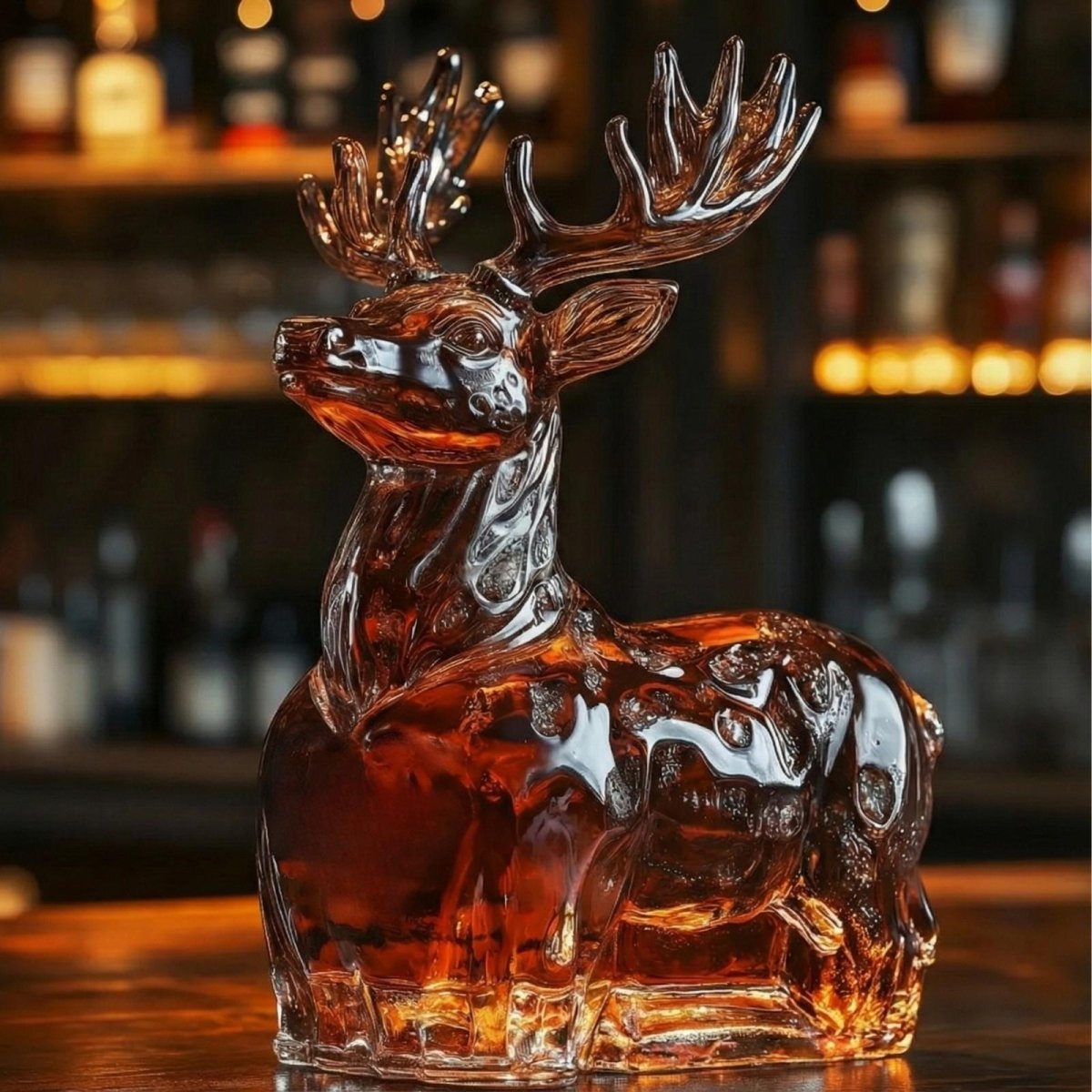 Side profile of the Kouvr hand-blown glass stag whiskey decanter filled with bourbon, resting on a dark wood bar top with a softly lit background.