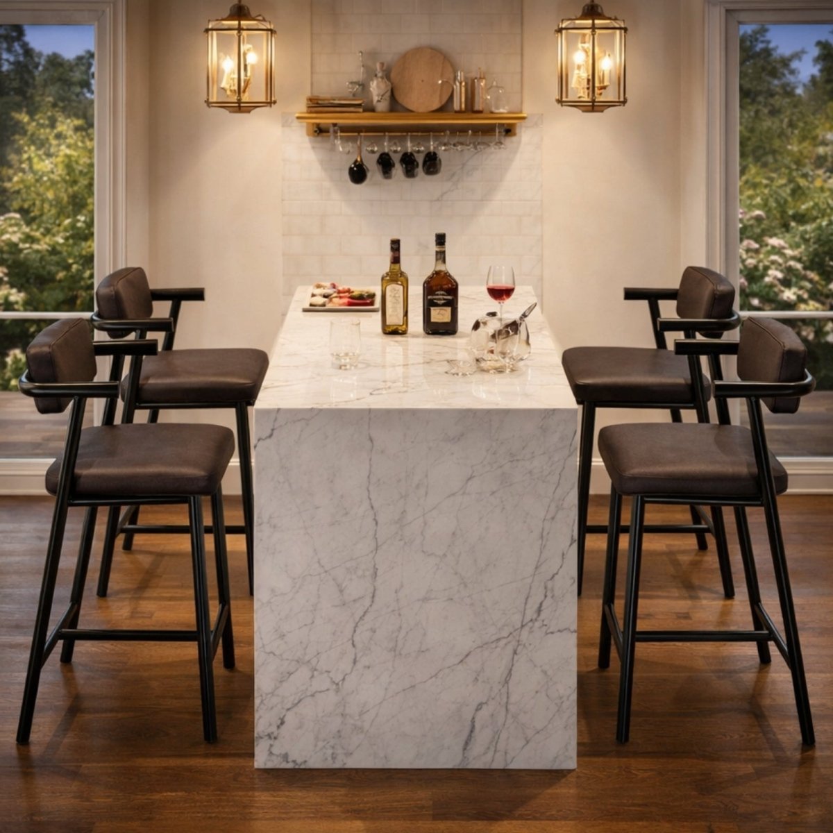 Four Kouvr counter stools surrounding a tall marble table, set for an evening of entertaining with wine and charcuterie.