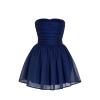 Product shot of a dark blue strapless cocktail dress with a glitter finish and ruched bodice on a white background.