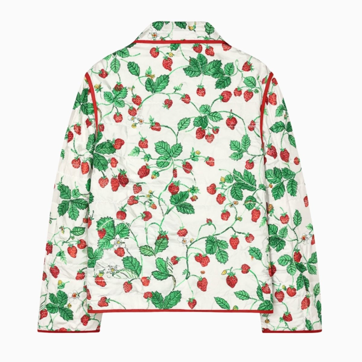 Back flat lay of the Kouvr strawberry quilted jacket, highlighting the all-over garden print and construction.