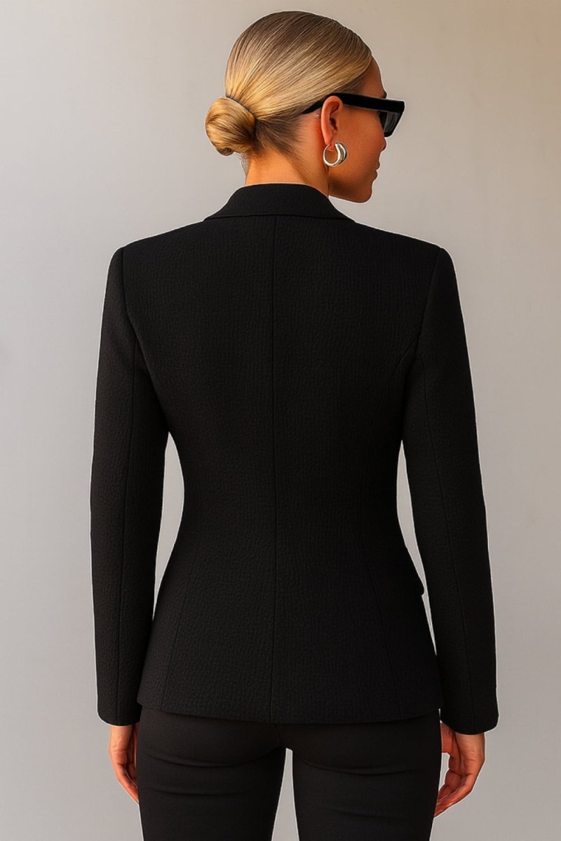 Single-Button Blazer, Black Work Jacket, Business Formal Attire, Textured Weave Jacket, Women's Power Suiting, Minimalist Black Blazer, All-Season Blazer