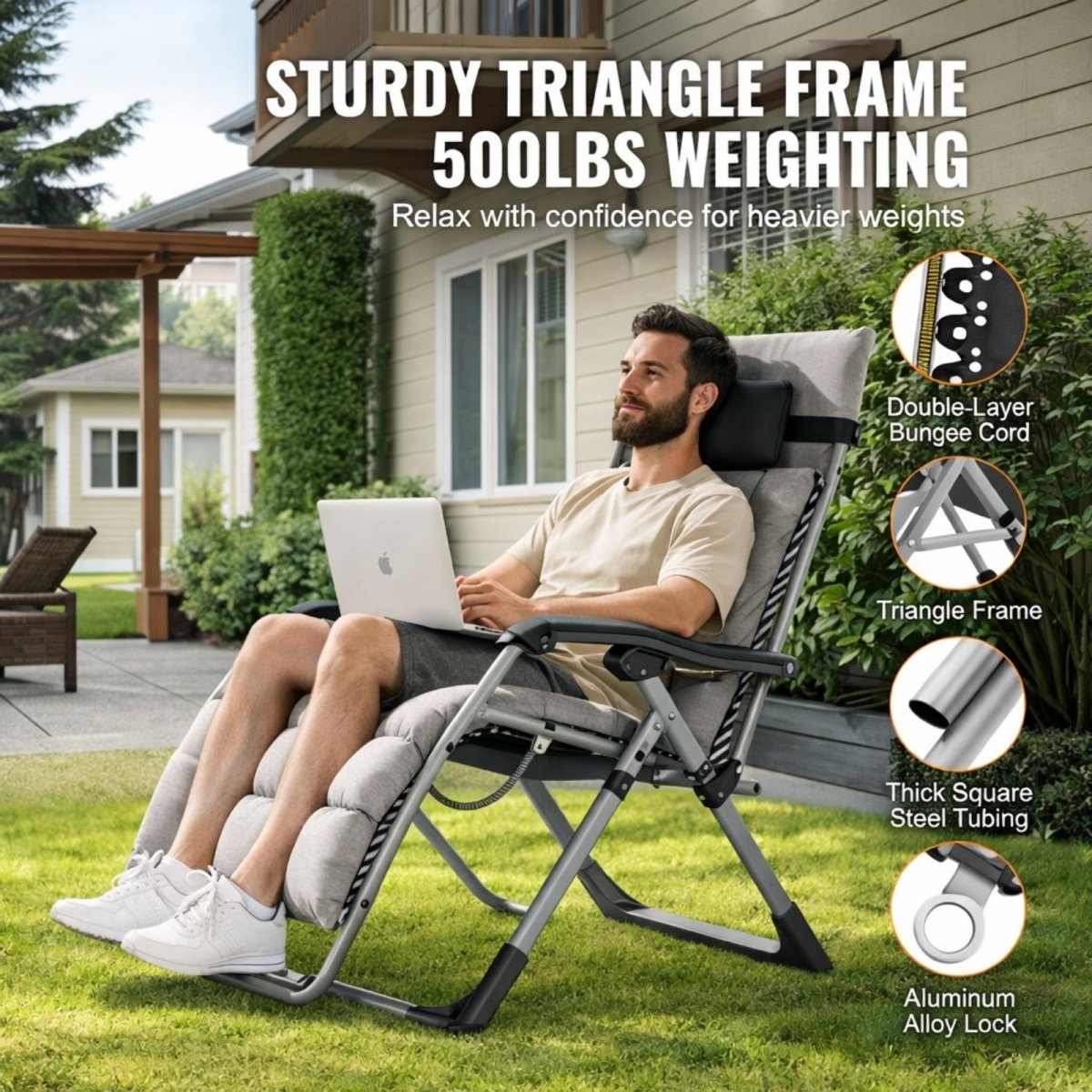 Close-up details of the Kouvr zero gravity chair's sturdy triangle frame, thick steel tubing, and double-layer bungee cord for 500lb weight support.