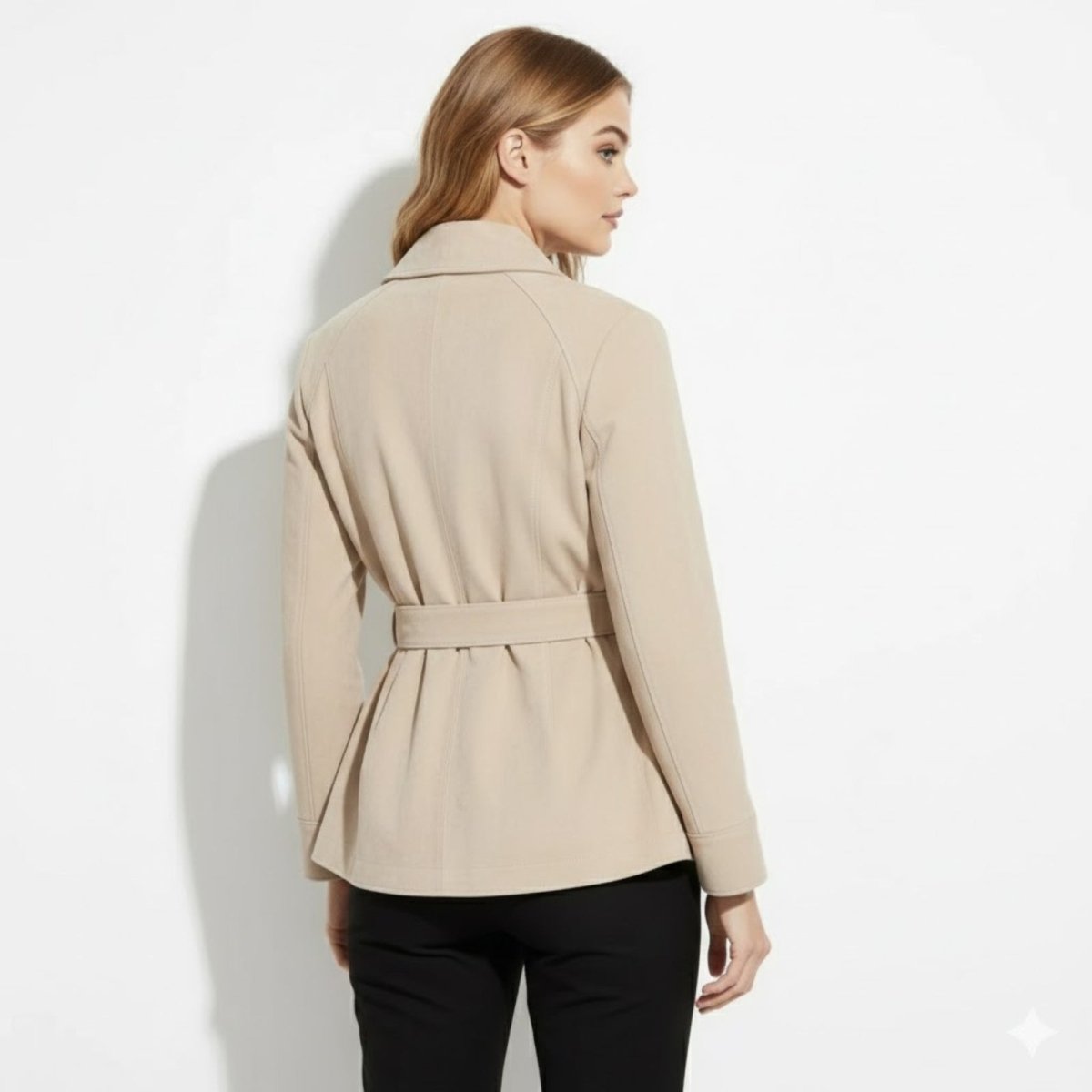 Back view of the Kouvr Suede Belted Wrap Jacket in light beige, showing the paneled construction and belt detail.